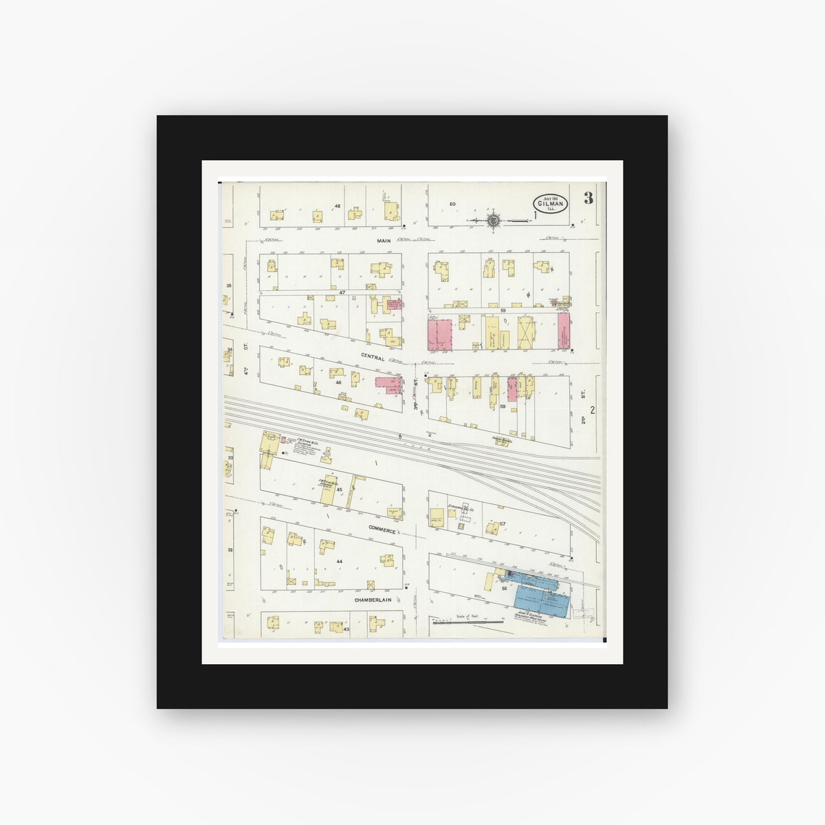 Old map wall art mockup — black gallery frame with white mat — Sanborn Fire Insurance Map from Gilman, Iroquois County, Illinois (1911), Sheet #0003