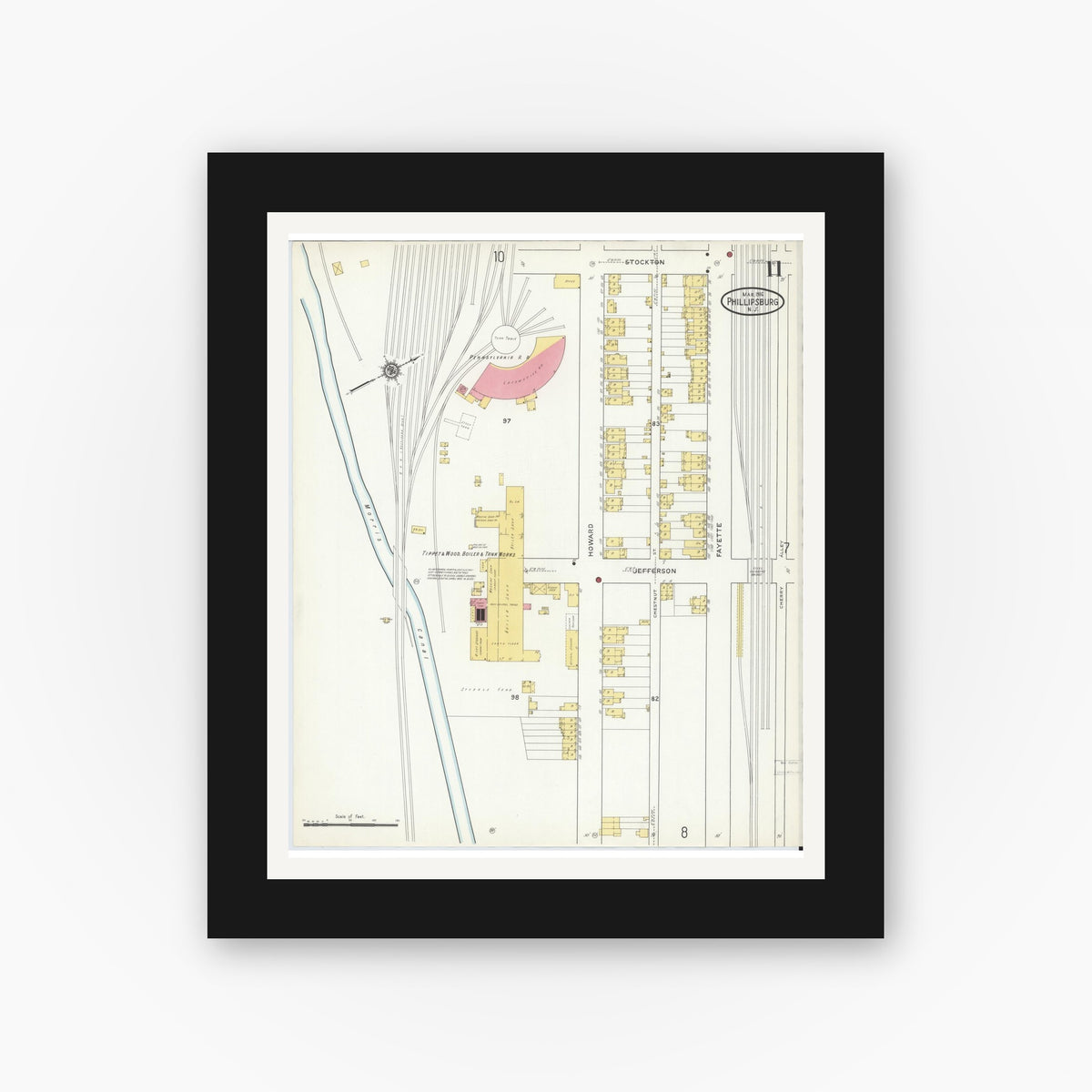 Old map wall art mockup — black gallery frame with white mat — Sanborn Fire Insurance Map from Phillipsburg, Warren County, New Jersey (1916), Sheet #0011