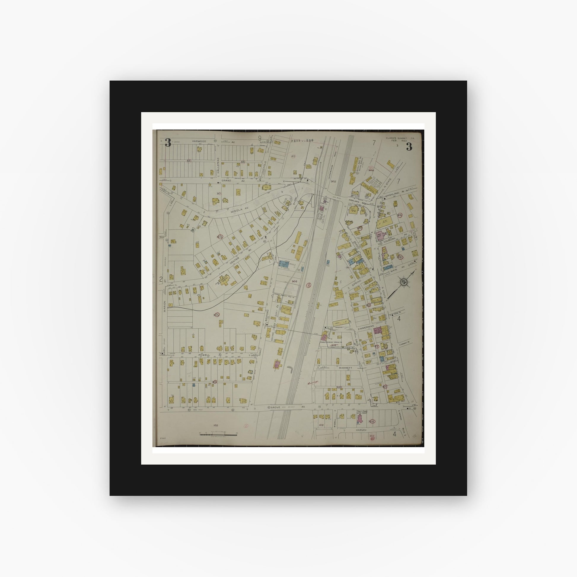 Old map wall art mockup — black gallery frame with white mat — Sanborn Fire Insurance Map from Clark's Summit, Lackawanna County, Pennsylvania (1942), Sheet #0003
