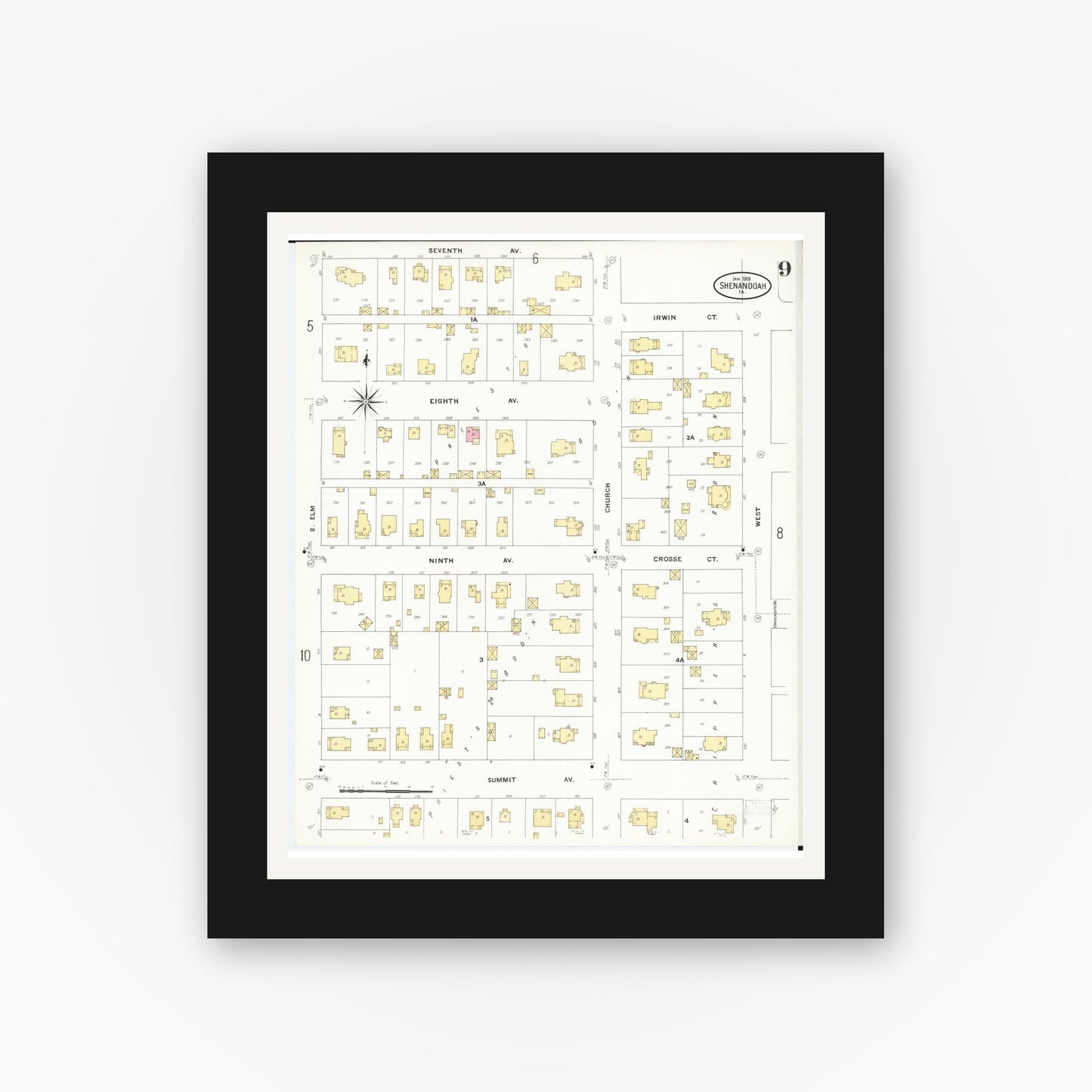 Old map wall art mockup — black gallery frame with white mat — Sanborn Fire Insurance Map from Shenandoah, Page County, Iowa (1909), Sheet #0009