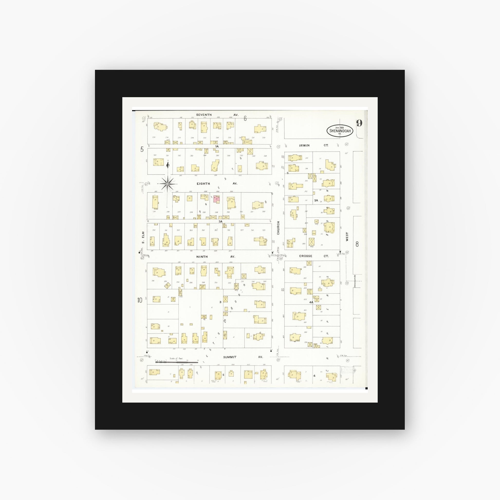 Old map wall art mockup — black gallery frame with white mat — Sanborn Fire Insurance Map from Shenandoah, Page County, Iowa (1909), Sheet #0009