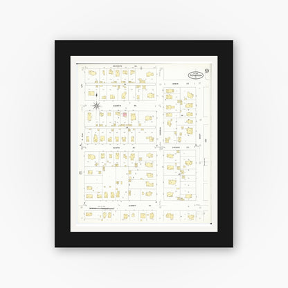 Old map wall art mockup — black gallery frame with white mat — Sanborn Fire Insurance Map from Shenandoah, Page County, Iowa (1909), Sheet #0009
