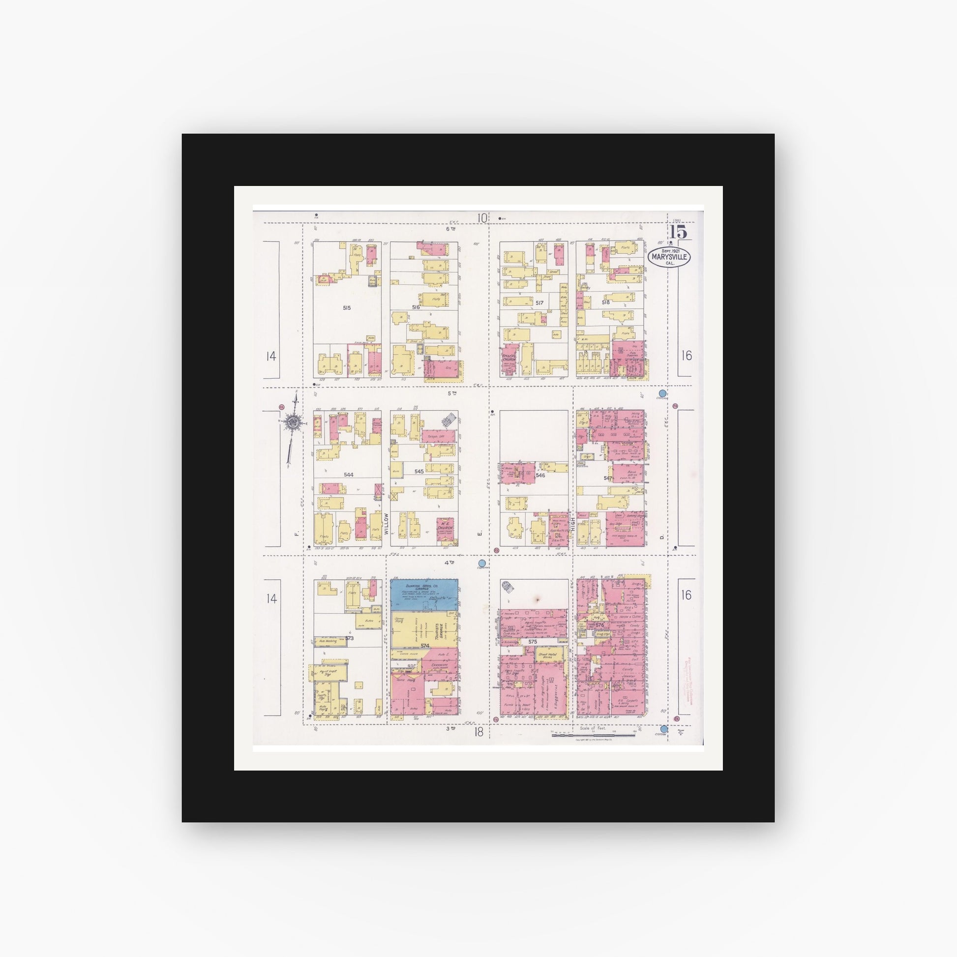 Old map wall art mockup — black gallery frame with white mat — Sanborn Fire Insurance Map from Marysville, Yuba County, California (1921), Sheet #0015