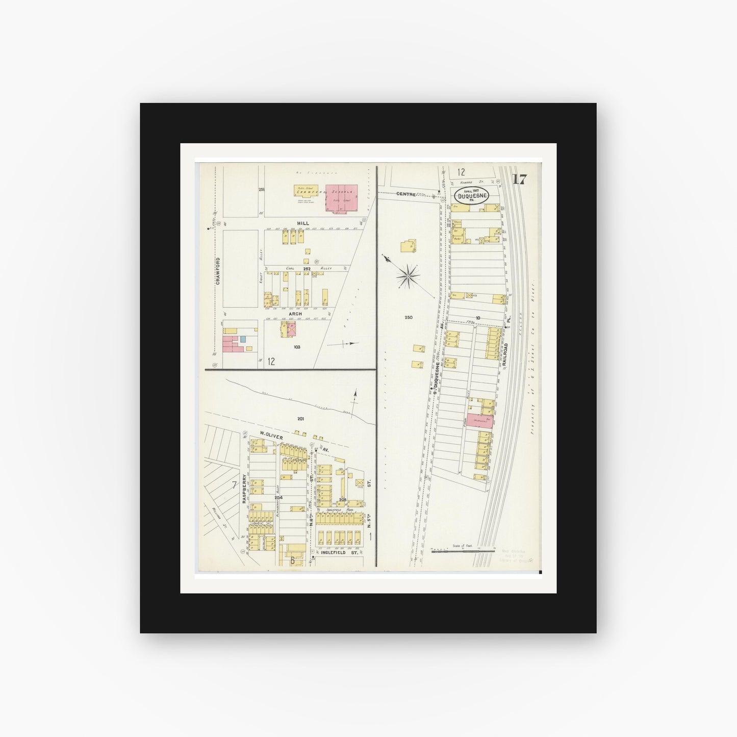 Old map wall art mockup — black gallery frame with white mat — Sanborn Fire Insurance Map from Duquesne, Allegheny County, Pennsylvania (1907), Sheet #0017