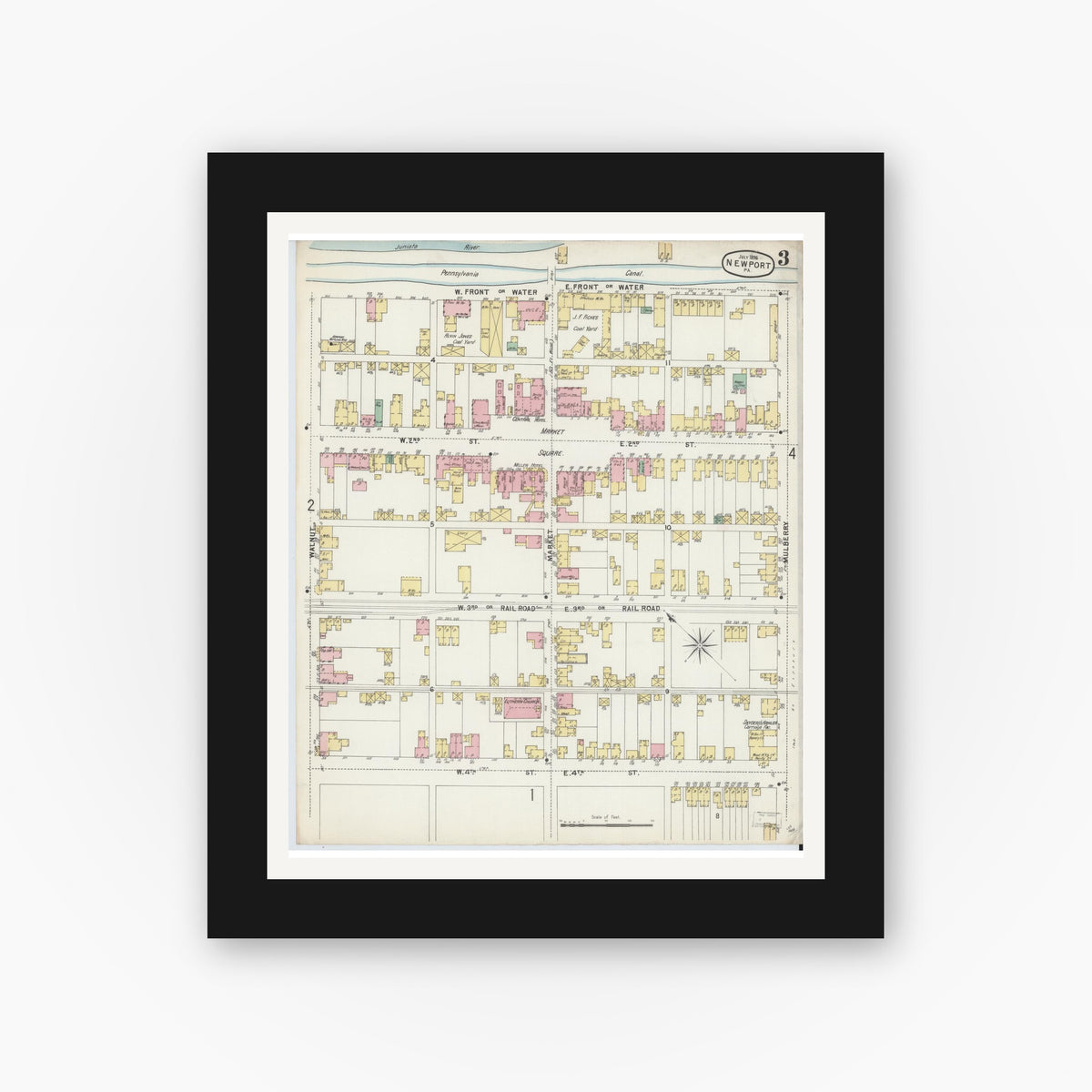 Old map wall art mockup — black gallery frame with white mat — Sanborn Fire Insurance Map from Newport, Perry County, Pennsylvania (1896), Sheet #0003