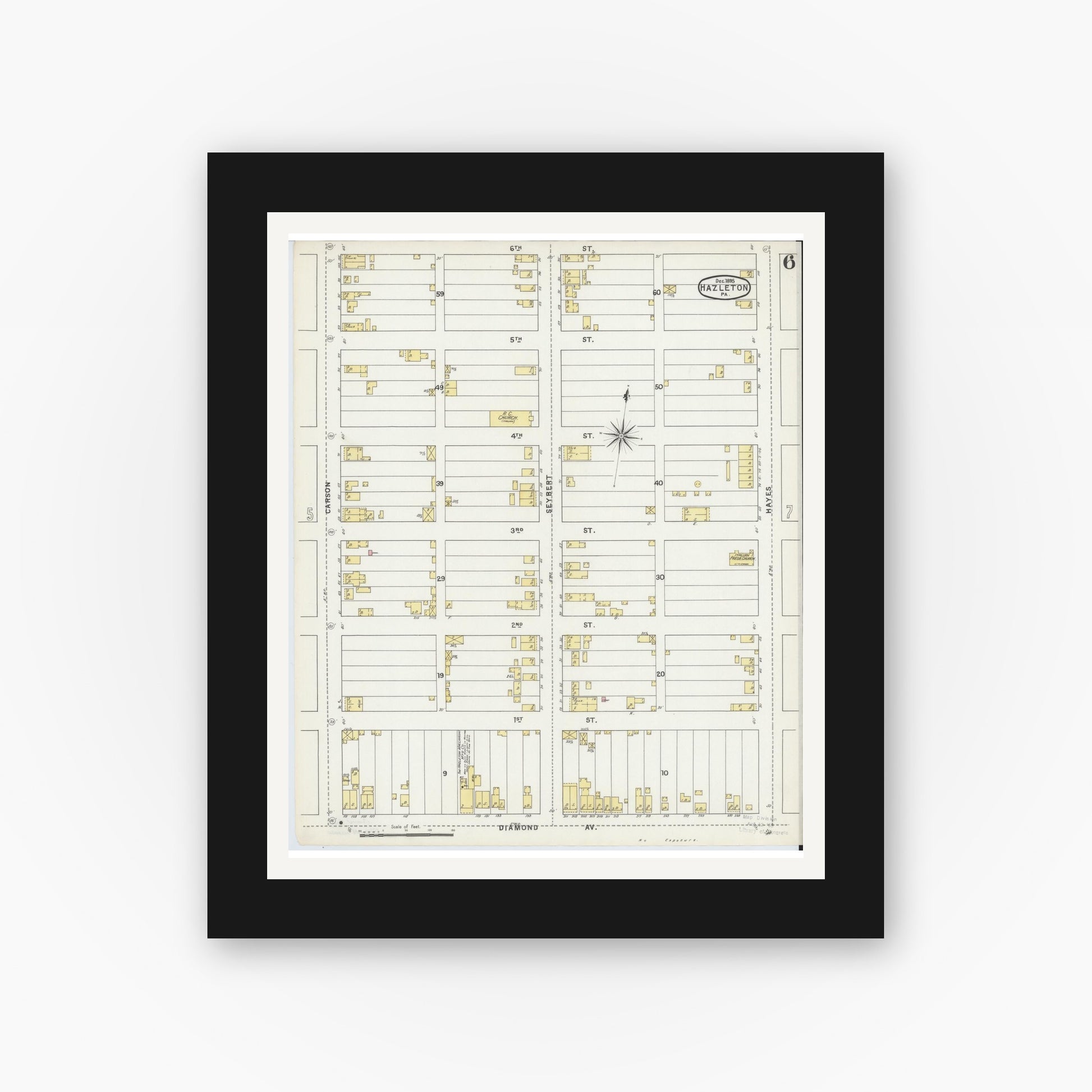 Old map wall art mockup — black gallery frame with white mat — Sanborn Fire Insurance Map from Hazleton, Luzerne County, Pennsylvania (1895), Sheet #0006