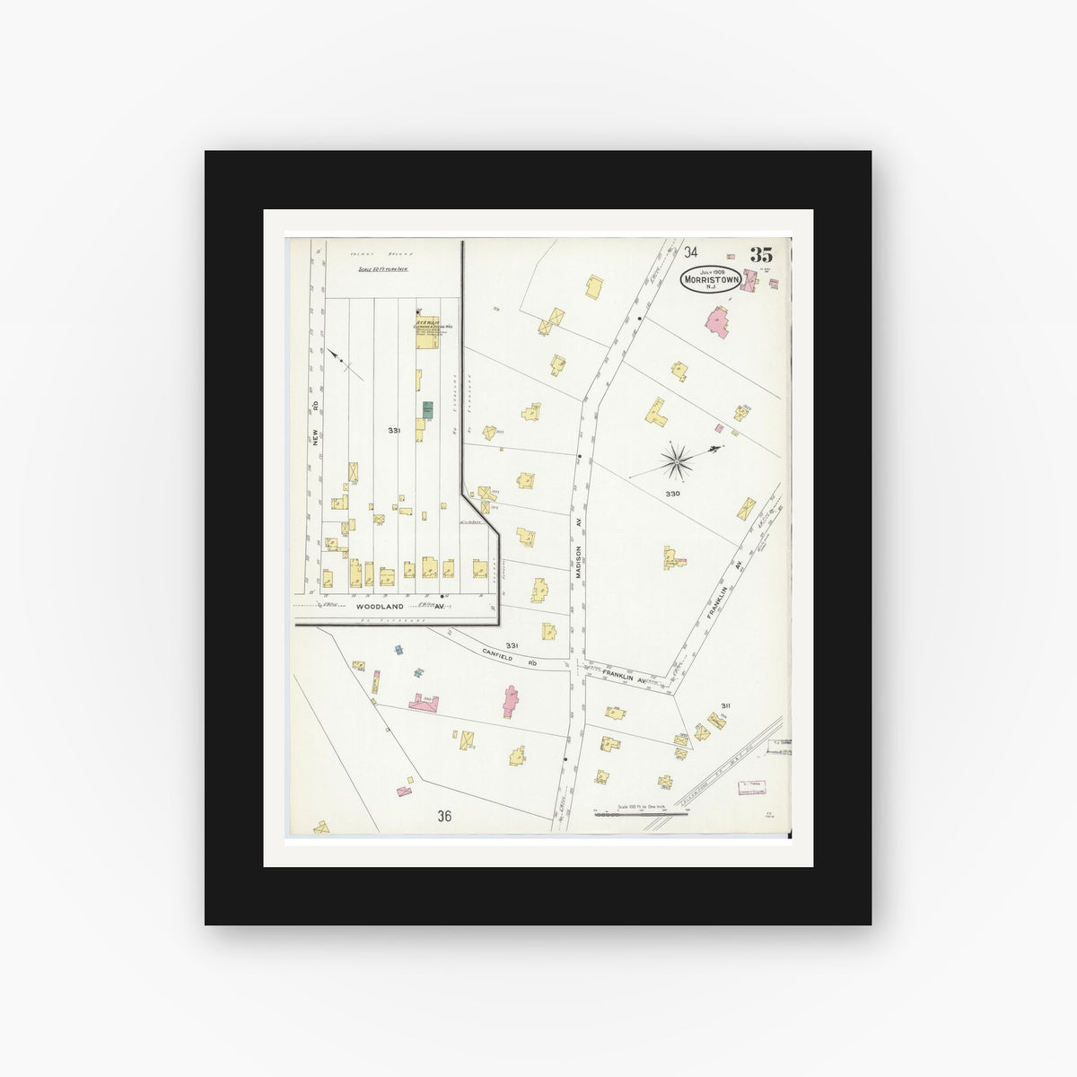 Old map wall art mockup — black gallery frame with white mat — Sanborn Fire Insurance Map from Morristown, Morris County, New Jersey (1909), Sheet #0035