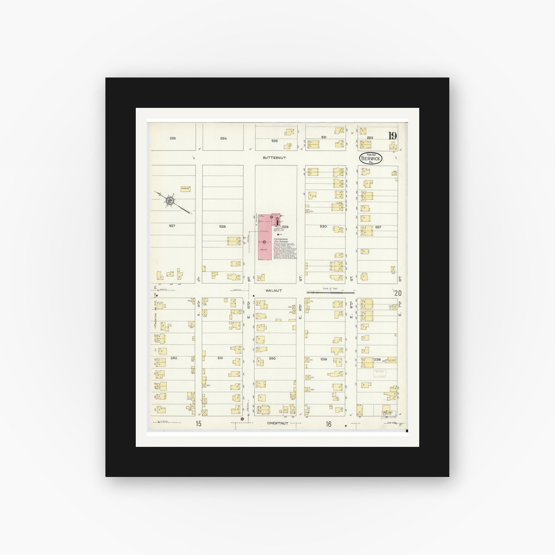 Old map wall art mockup — black gallery frame with white mat — Sanborn Fire Insurance Map from Berwick, Columbia County, Pennsylvania (1913), Sheet #0019
