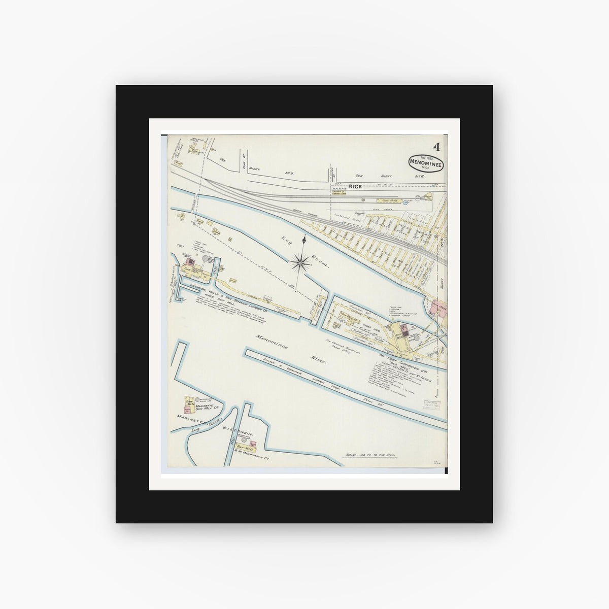 Old map wall art mockup — black gallery frame with white mat — Sanborn Fire Insurance Map from Menominee, Menominee County, Michigan (1890), Sheet #0004