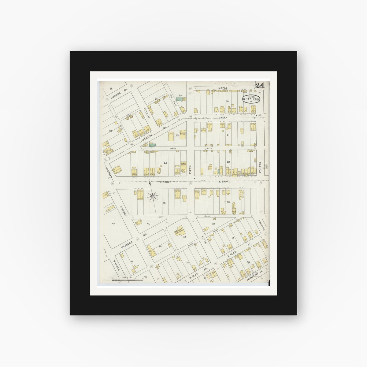 Old map wall art mockup — black gallery frame with white mat — Sanborn Fire Insurance Map from Hazleton, Luzerne County, Pennsylvania (1895), Sheet #0024