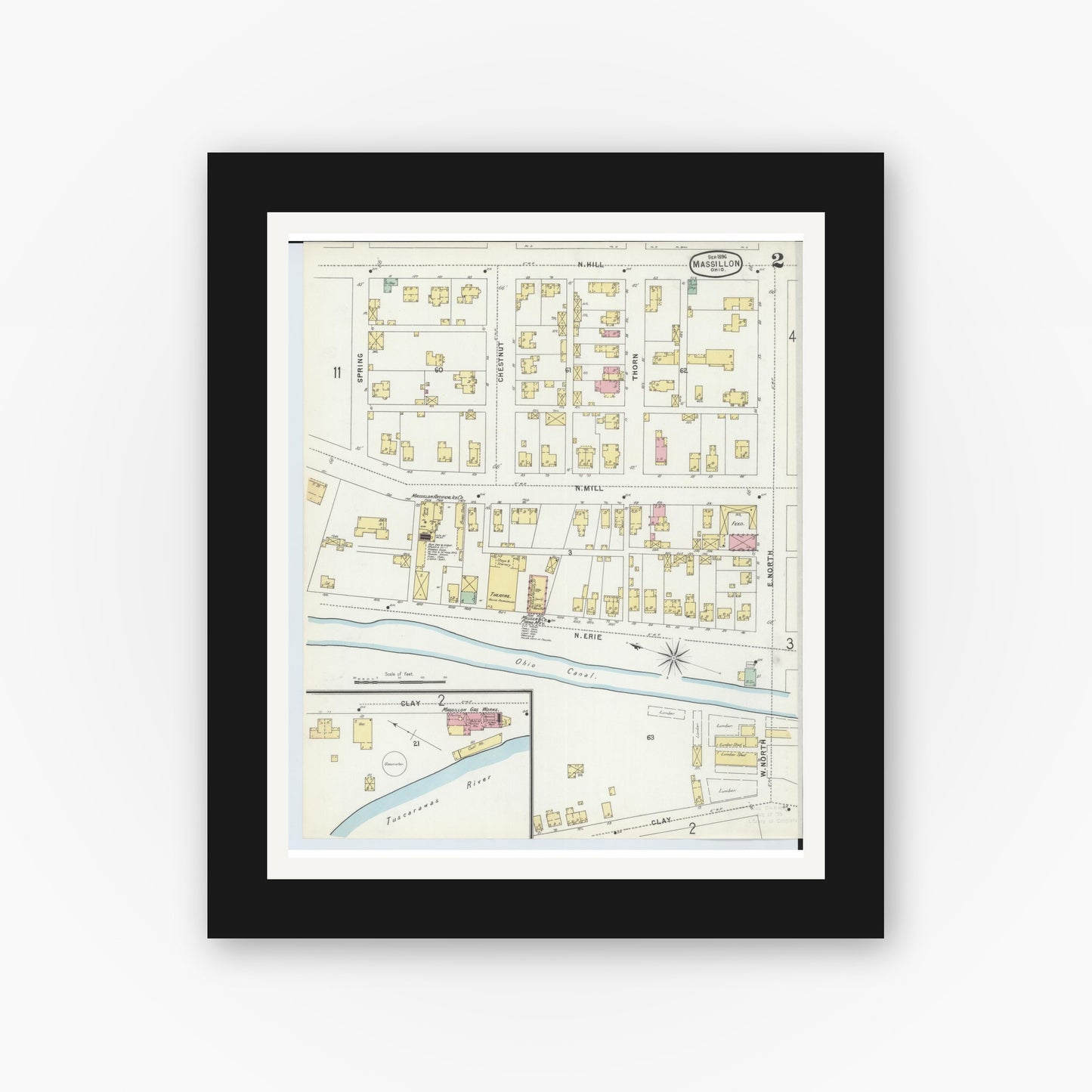 Old map wall art mockup — black gallery frame with white mat — Sanborn Fire Insurance Map from Massillon, Stark County, Ohio (1896), Sheet #0002