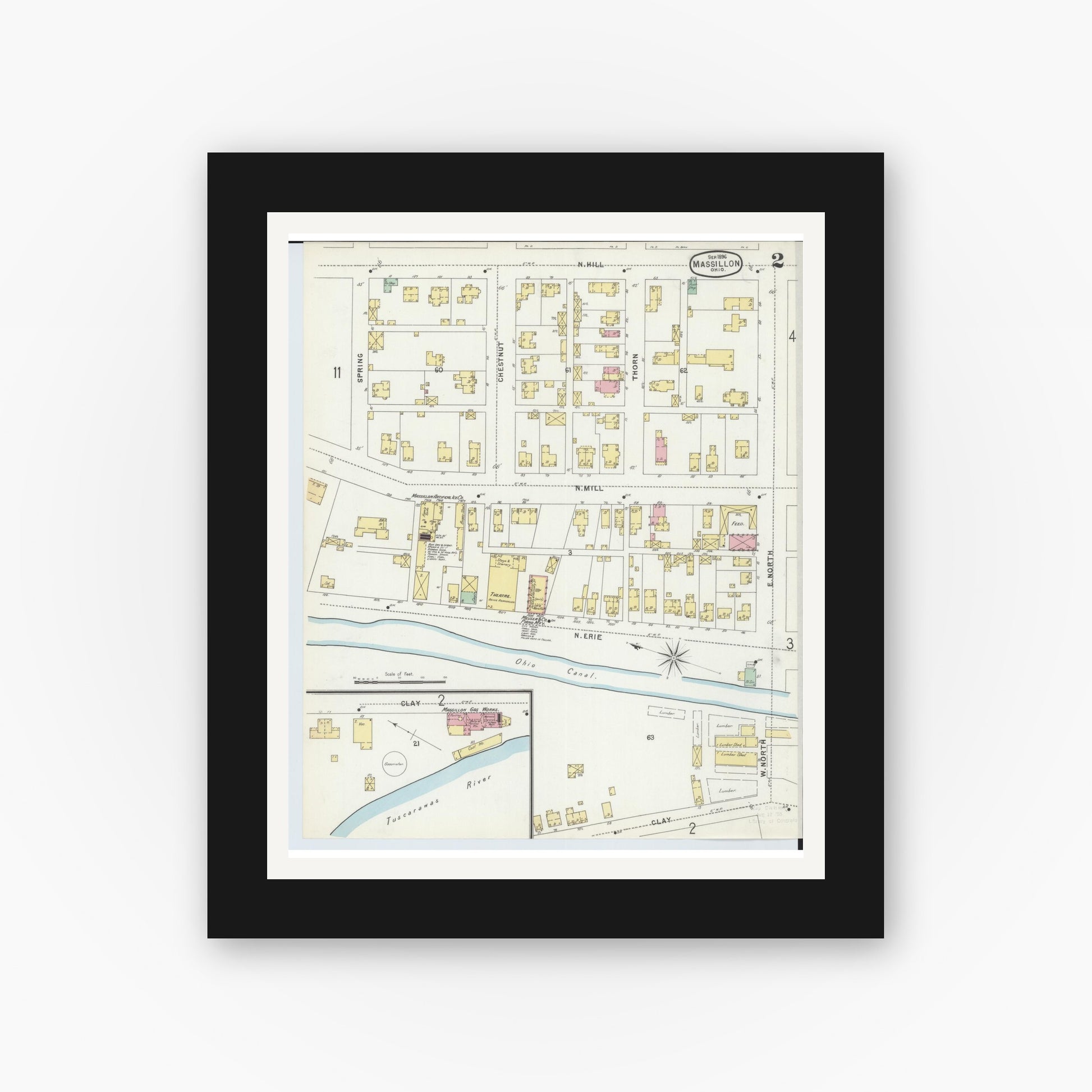 Old map wall art mockup — black gallery frame with white mat — Sanborn Fire Insurance Map from Massillon, Stark County, Ohio (1896), Sheet #0002