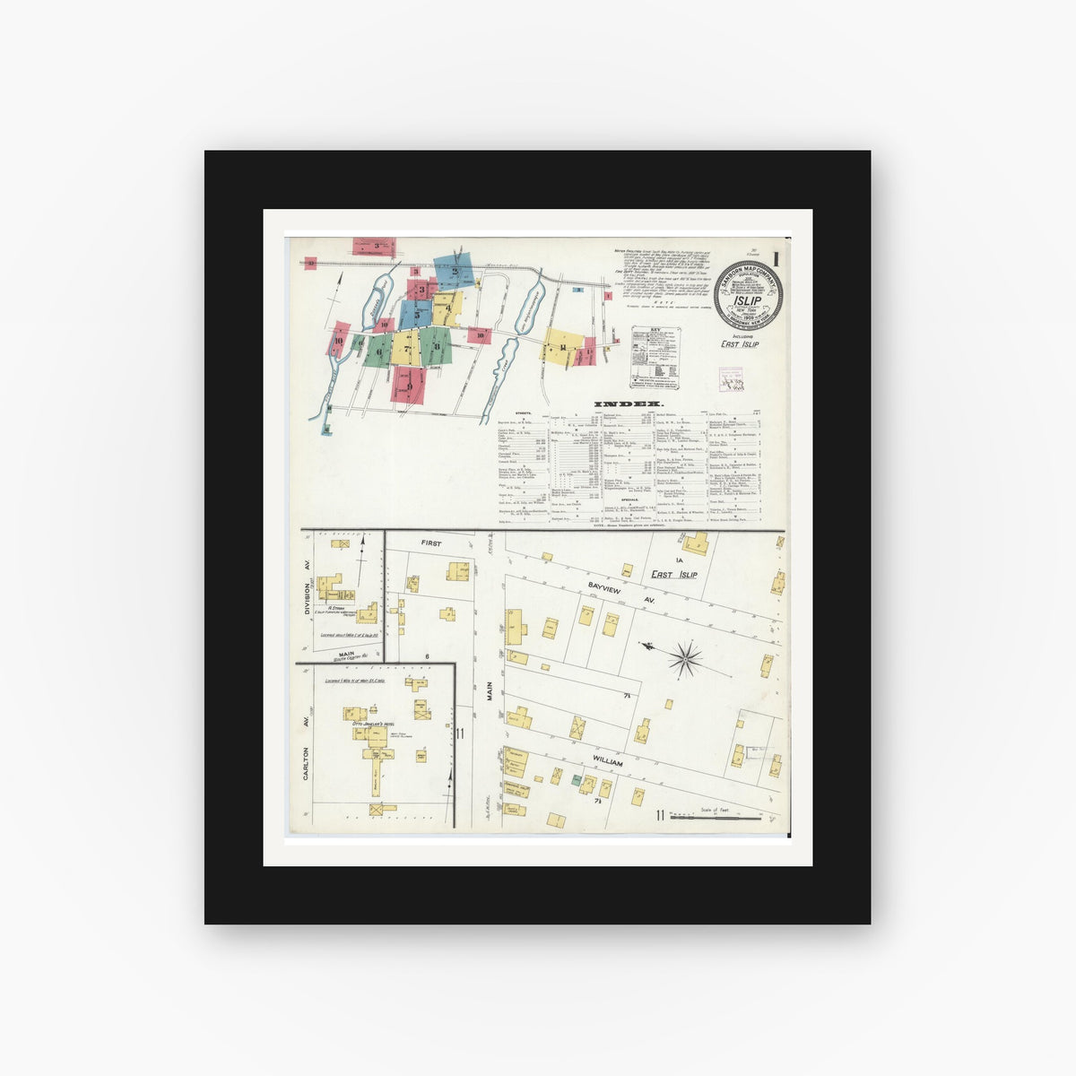 Old map wall art mockup — black gallery frame with white mat — Sanborn Fire Insurance Map from Islip, Suffolk County, New York (1909), Sheet #0001