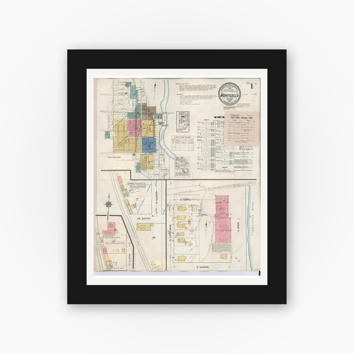 Old map wall art mockup — black gallery frame with white mat — Sanborn Fire Insurance Map from Monticello, White County, Indiana (1943), Sheet #0001