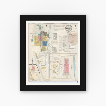 Old map wall art mockup — black gallery frame with white mat — Sanborn Fire Insurance Map from Monticello, White County, Indiana (1943), Sheet #0001
