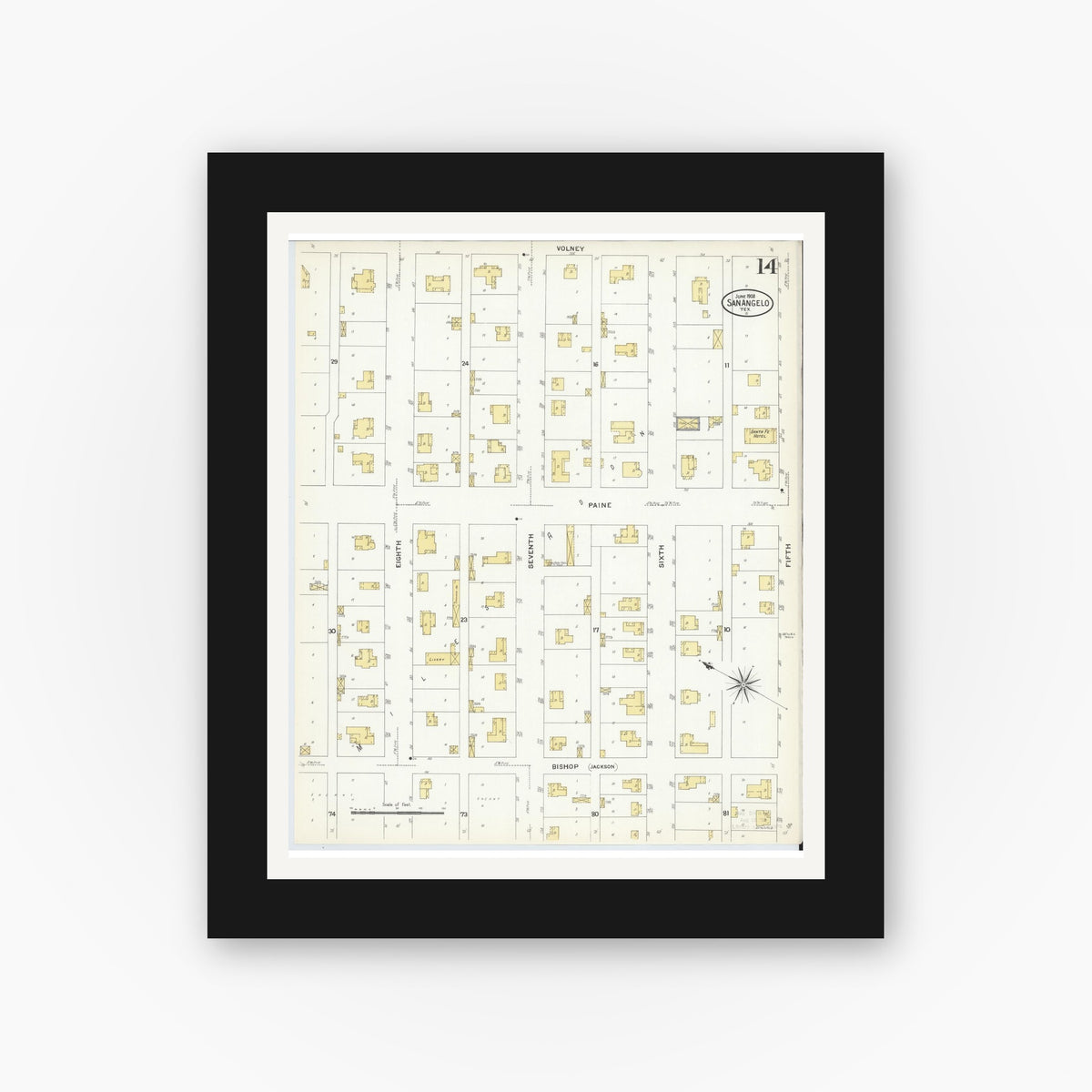 Old map wall art mockup — black gallery frame with white mat — Sanborn Fire Insurance Map from San Angelo, Tom Green County, Texas (1908), Sheet #0014
