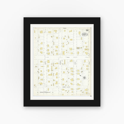 Old map wall art mockup — black gallery frame with white mat — Sanborn Fire Insurance Map from San Angelo, Tom Green County, Texas (1908), Sheet #0014