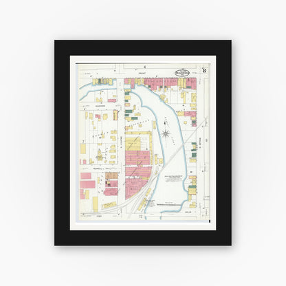 Old map wall art mockup — black gallery frame with white mat — Sanborn Fire Insurance Map from Beaver Dam, Dodge County, Wisconsin (1909), Sheet #0008
