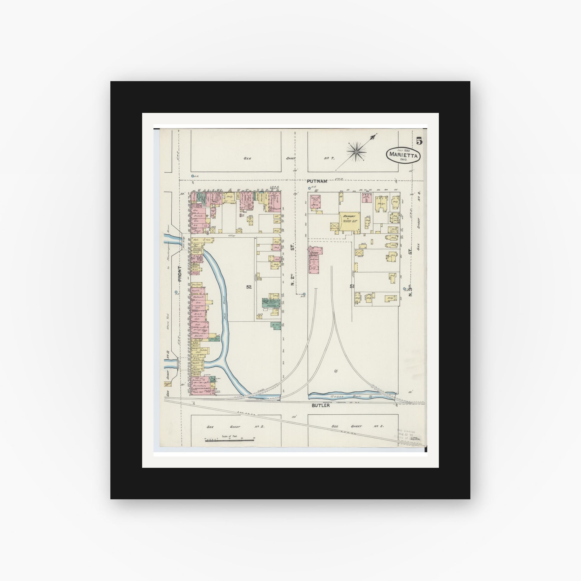 Old map wall art mockup — black gallery frame with white mat — Sanborn Fire Insurance Map from Marietta, Washington County, Ohio (1890), Sheet #0005