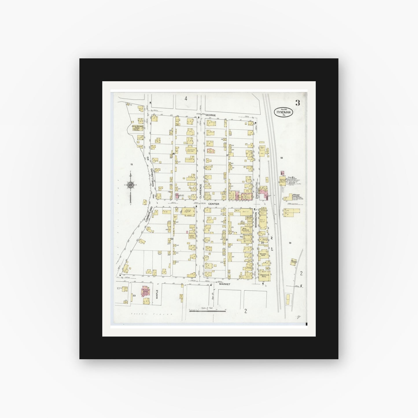Old map wall art mockup — black gallery frame with white mat — Sanborn Fire Insurance Map from Hyndman, Bedford County, Pennsylvania (1910), Sheet #0003