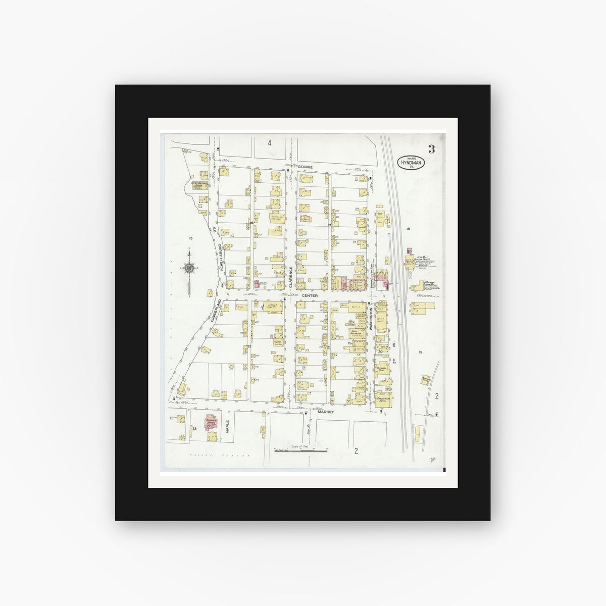 Old map wall art mockup — black gallery frame with white mat — Sanborn Fire Insurance Map from Hyndman, Bedford County, Pennsylvania (1910), Sheet #0003