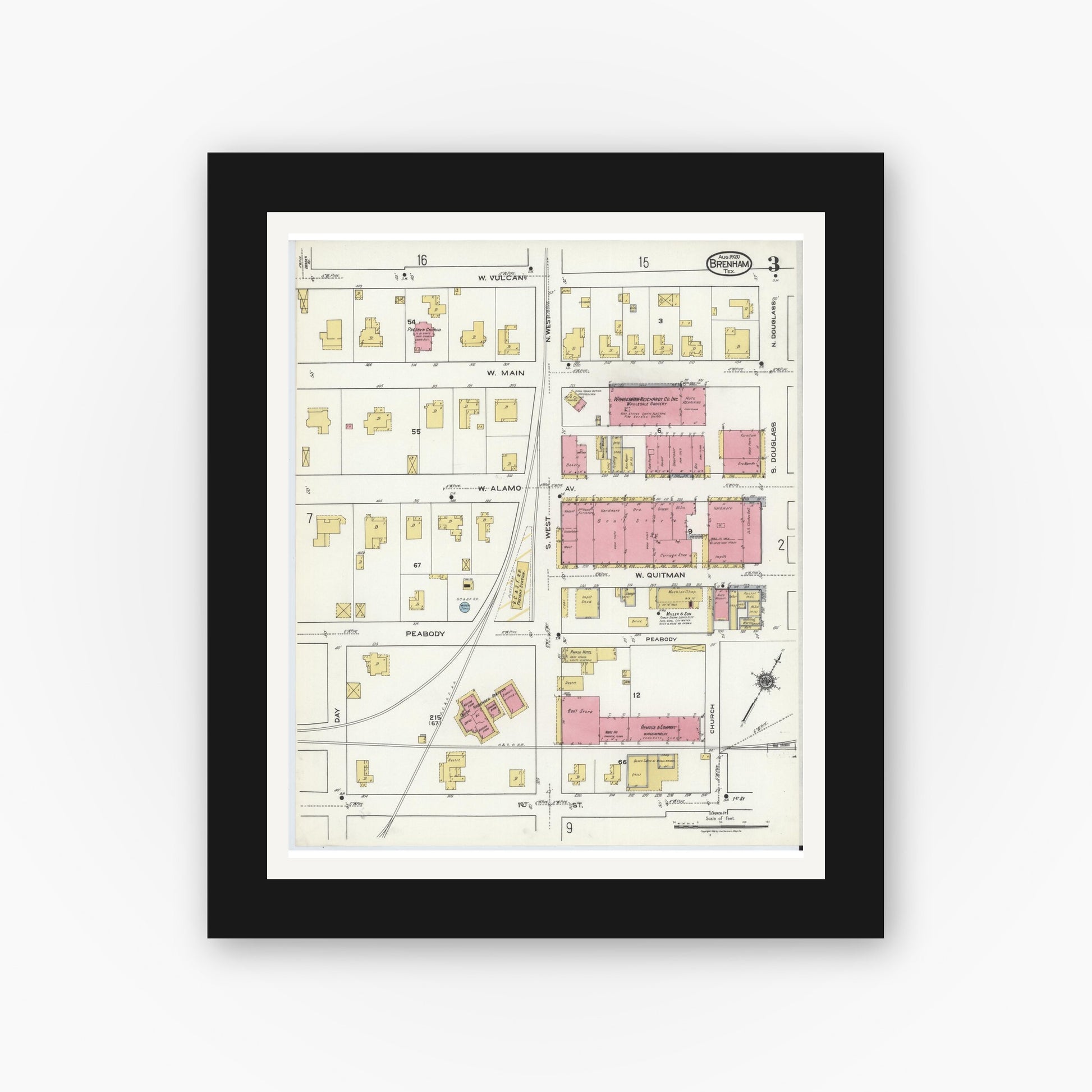 Old map wall art mockup — black gallery frame with white mat — Sanborn Fire Insurance Map from Brenham, Washington County, Texas (1920), Sheet #0003