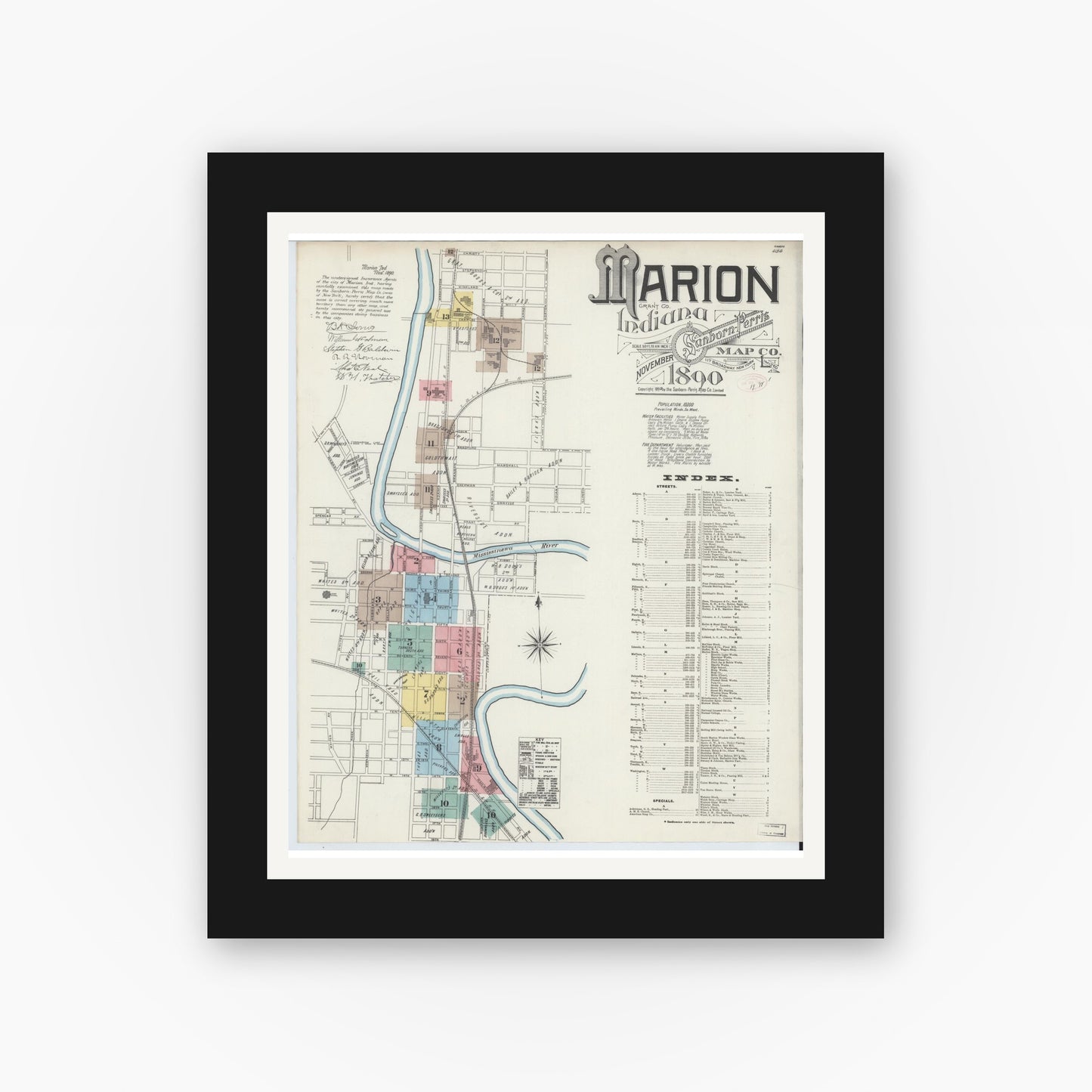 Old map wall art mockup — black gallery frame with white mat — Sanborn Fire Insurance Map from Marion, Grant County, Indiana (1890) - Complete Map Set