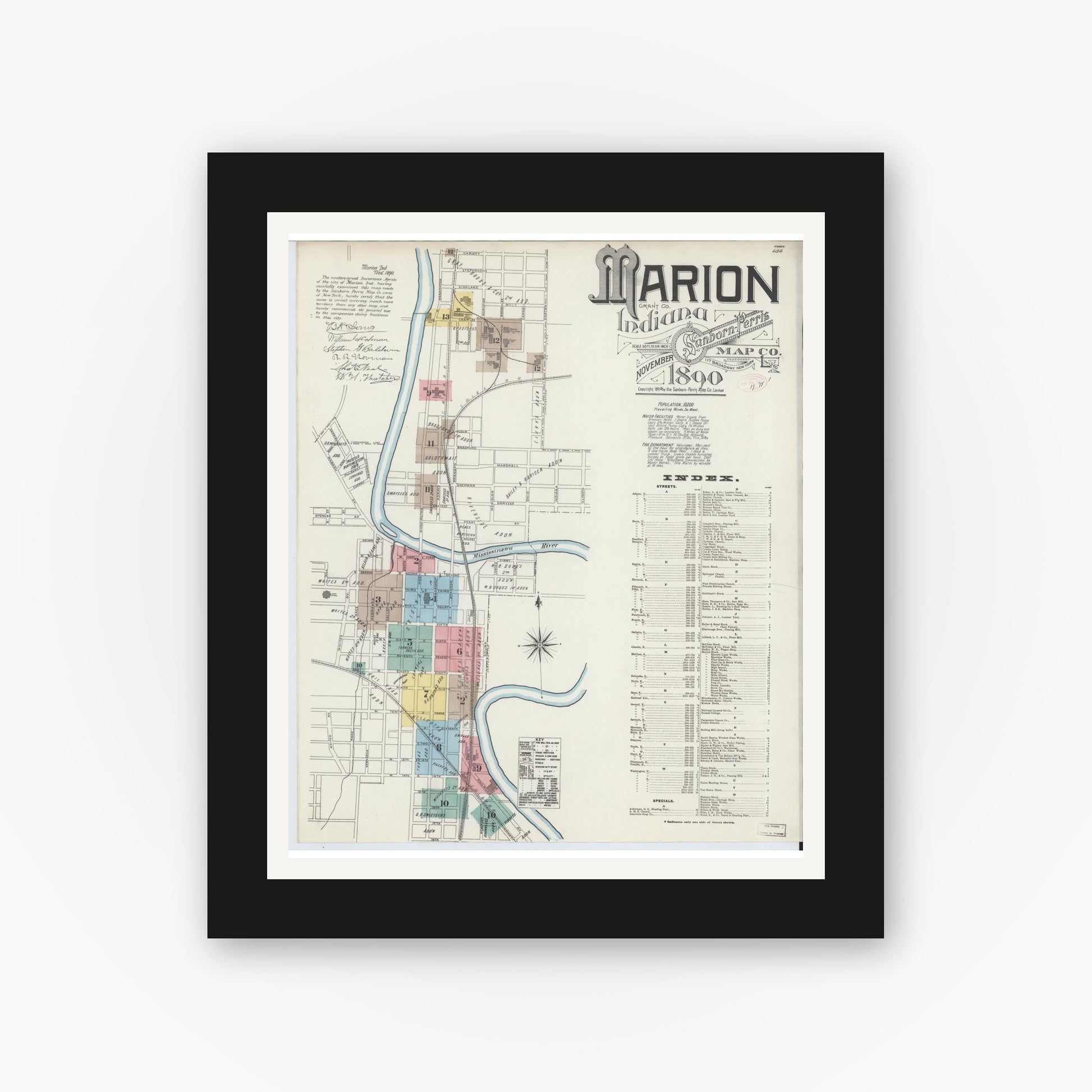Old map wall art mockup — black gallery frame with white mat — Sanborn Fire Insurance Map from Marion, Grant County, Indiana (1890) - Complete Map Set