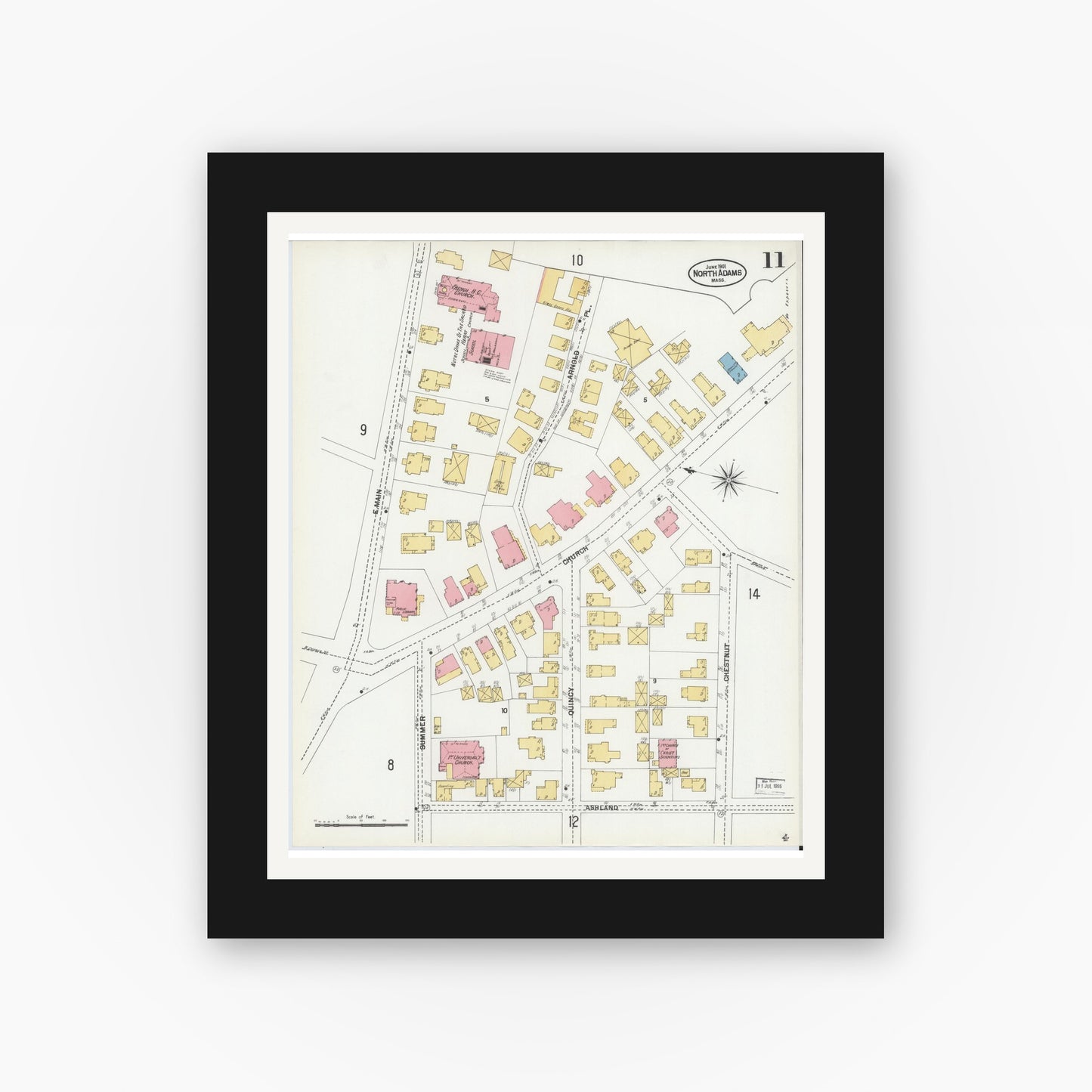 Old map wall art mockup — black gallery frame with white mat — Sanborn Fire Insurance Map from North Adams, Berkshire County, Massachusetts (1901), Sheet #0011
