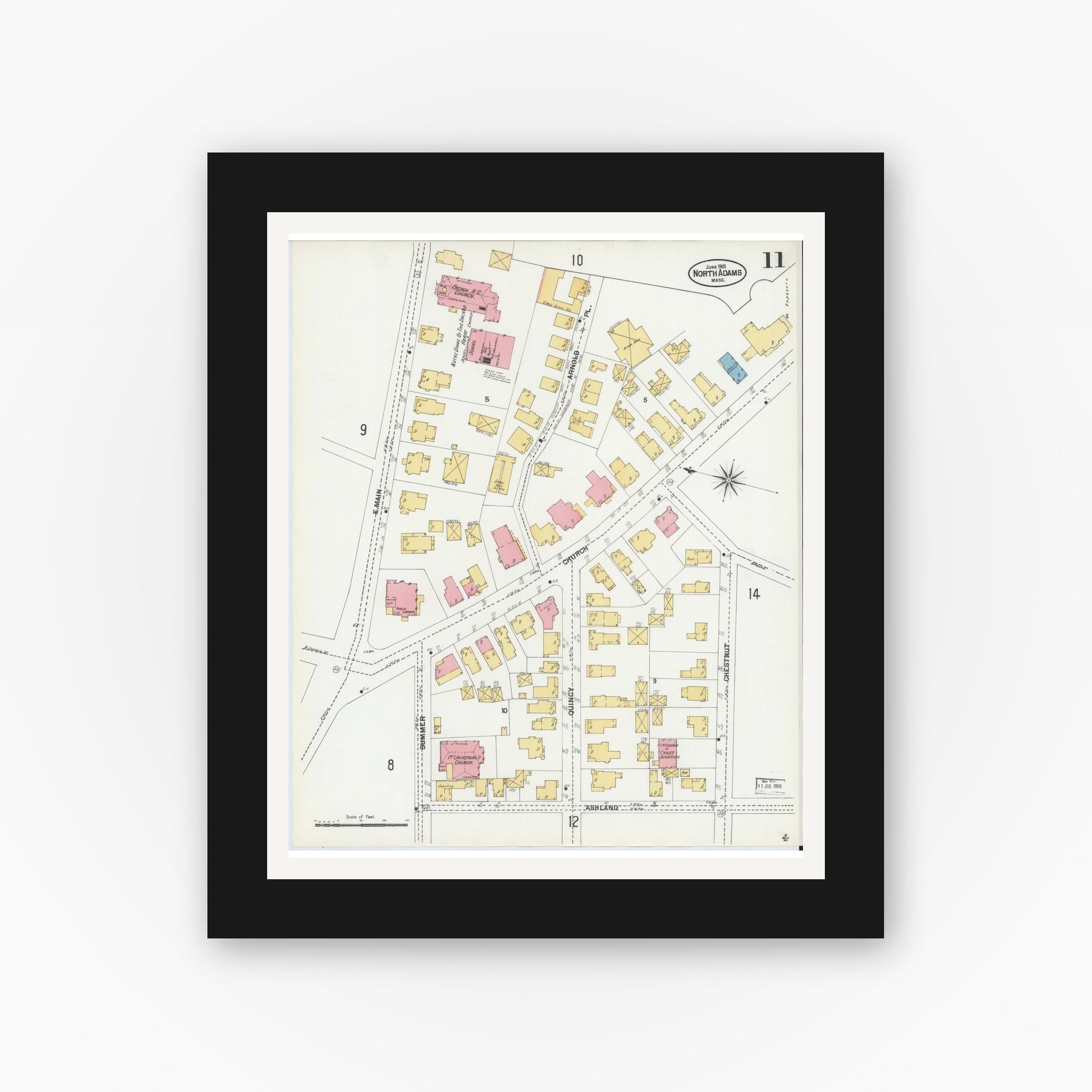 Old map wall art mockup — black gallery frame with white mat — Sanborn Fire Insurance Map from North Adams, Berkshire County, Massachusetts (1901), Sheet #0011