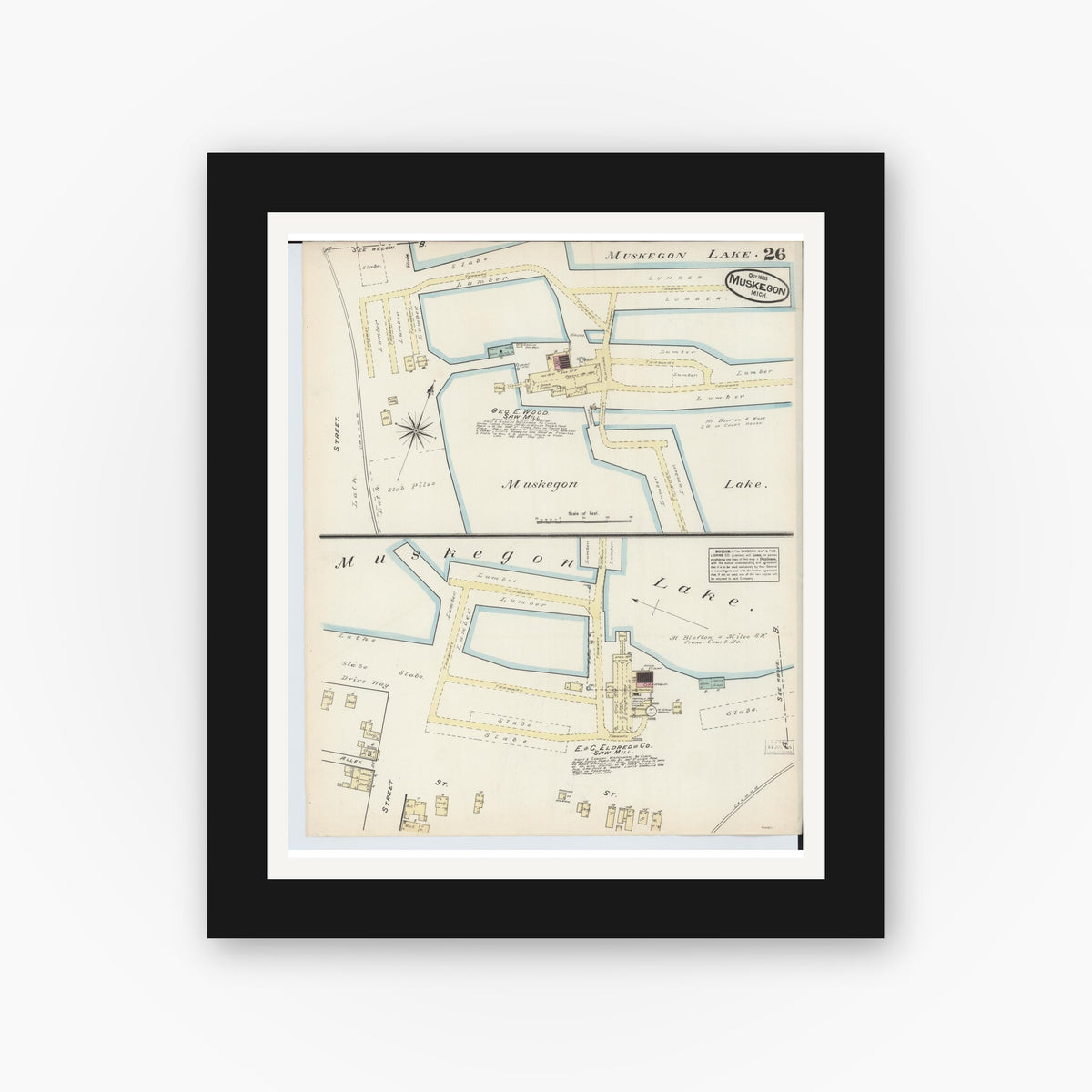 Old map wall art mockup — black gallery frame with white mat — Sanborn Fire Insurance Map from Muskegon, Muskegon County, Michigan (1883), Sheet #0026