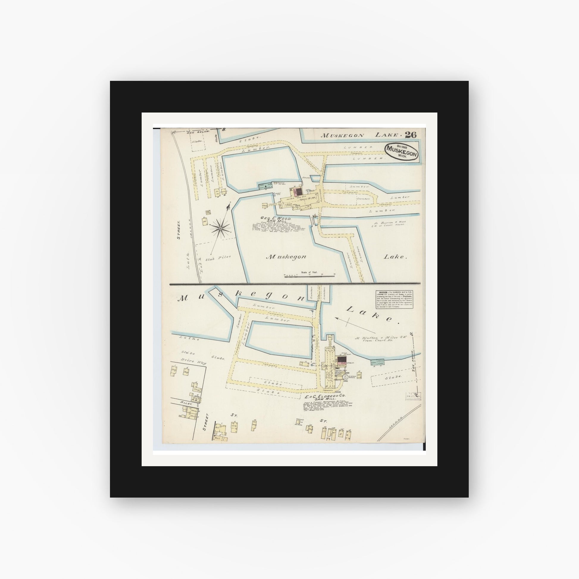 Old map wall art mockup — black gallery frame with white mat — Sanborn Fire Insurance Map from Muskegon, Muskegon County, Michigan (1883), Sheet #0026