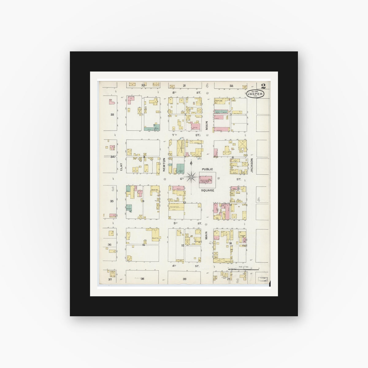 Old map wall art mockup — black gallery frame with white mat — Sanborn Fire Insurance Map from Jasper, Dubois County, Indiana (1892), Sheet #0002