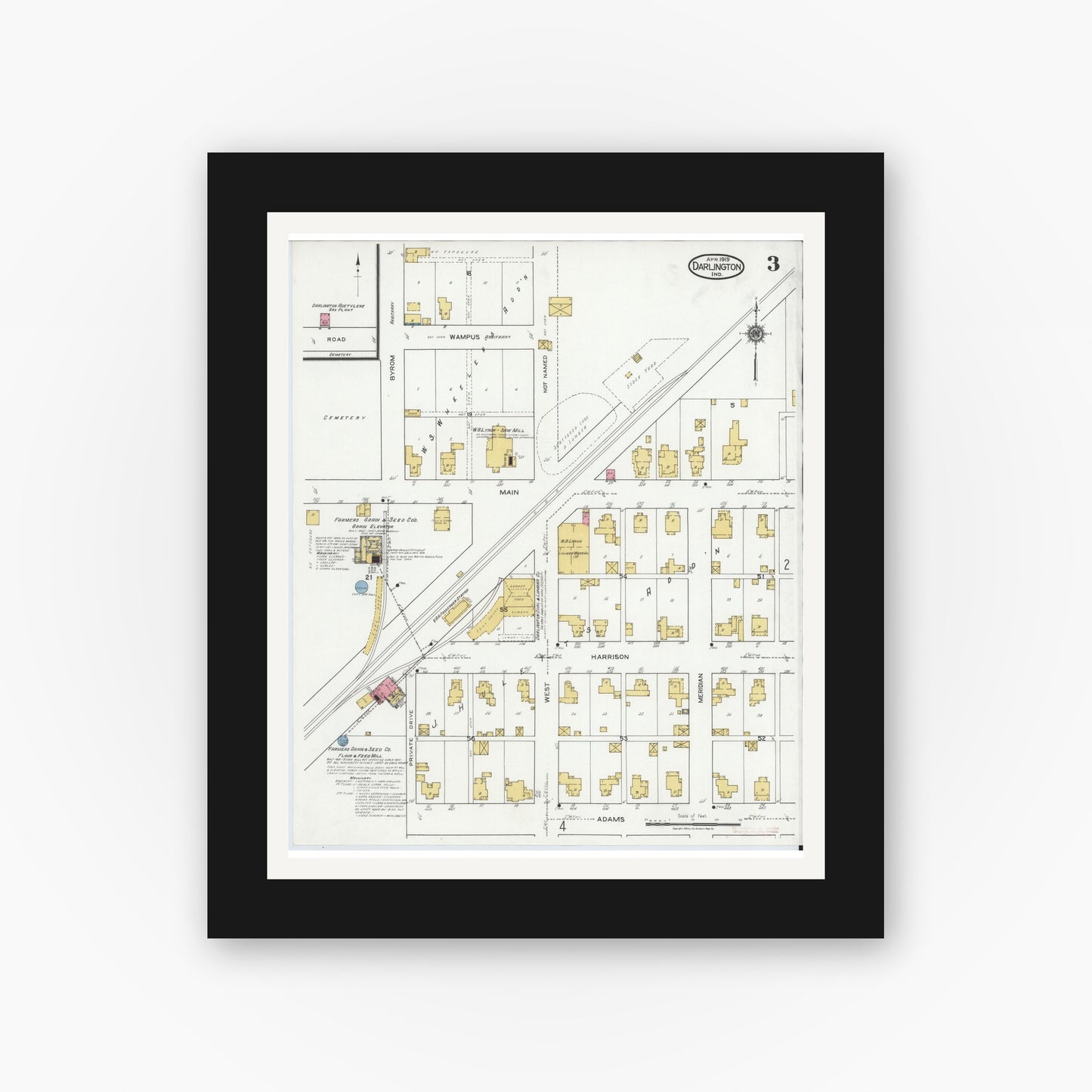 Old map wall art mockup — black gallery frame with white mat — Sanborn Fire Insurance Map from Darlington, Montgomery County, Indiana (1919), Sheet #0003