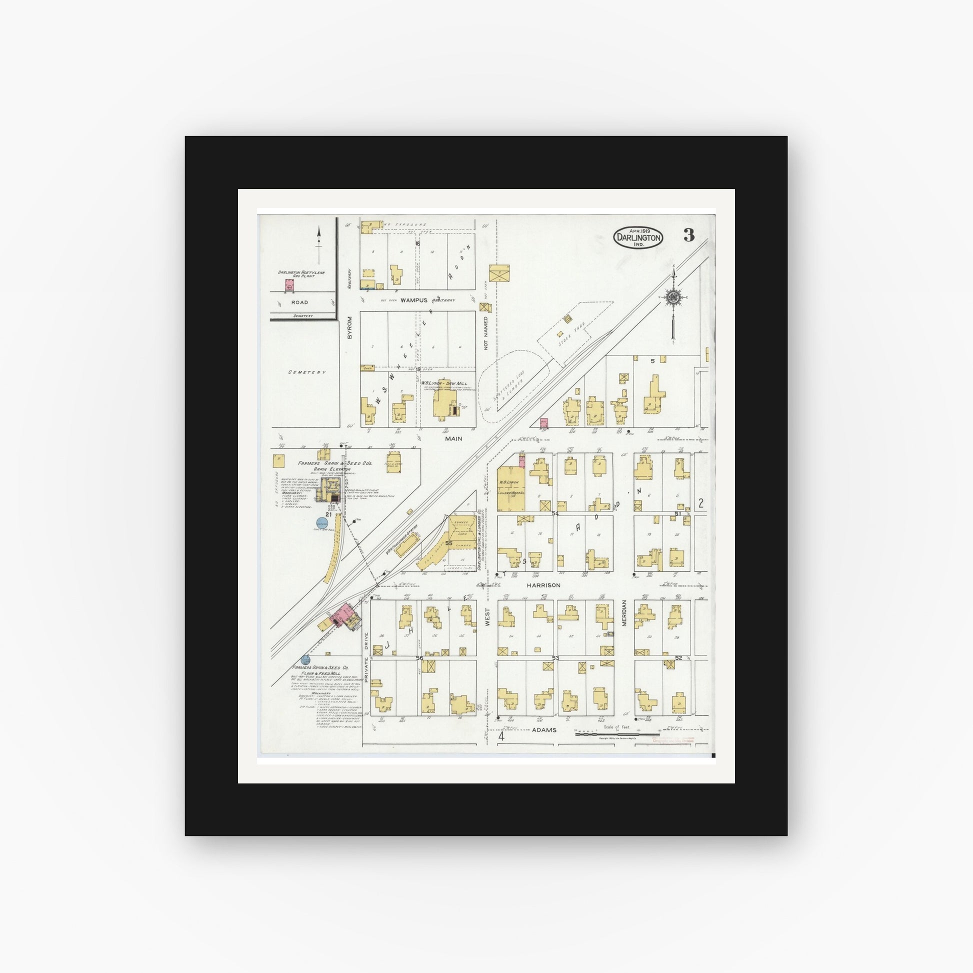 Old map wall art mockup — black gallery frame with white mat — Sanborn Fire Insurance Map from Darlington, Montgomery County, Indiana (1919), Sheet #0003