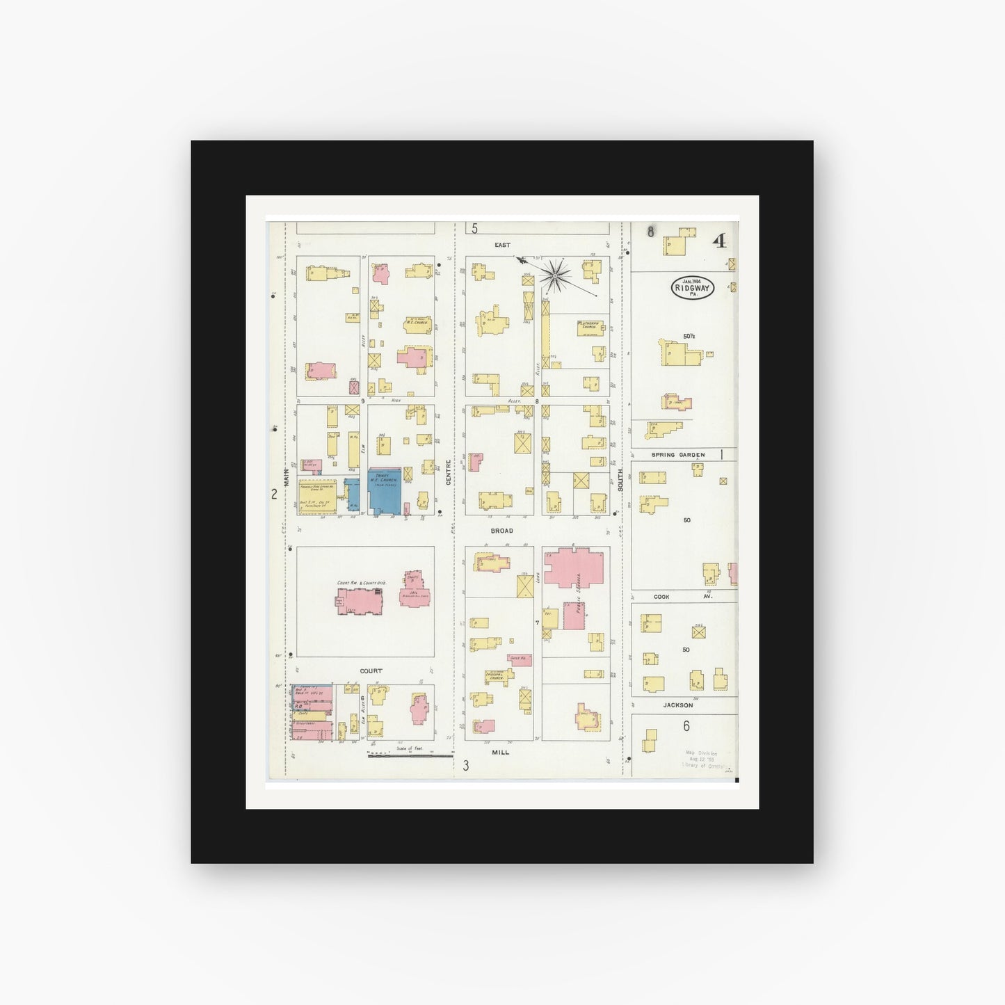Old map wall art mockup — black gallery frame with white mat — Sanborn Fire Insurance Map from Ridgway, Elk County, Pennsylvania (1904), Sheet #0004