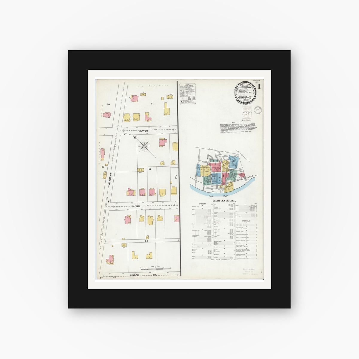 Old map wall art mockup — black gallery frame with white mat — Sanborn Fire Insurance Map from Sewickley, Allegheny County, Pennsylvania (1900) - Complete Map Set