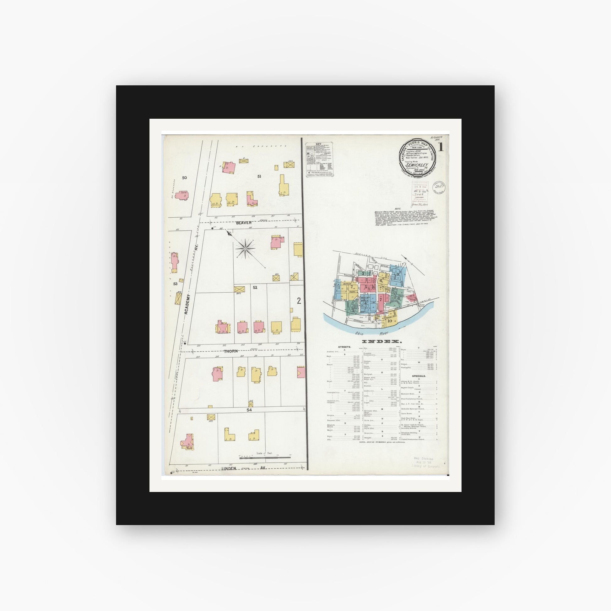 Old map wall art mockup — black gallery frame with white mat — Sanborn Fire Insurance Map from Sewickley, Allegheny County, Pennsylvania (1900) - Complete Map Set