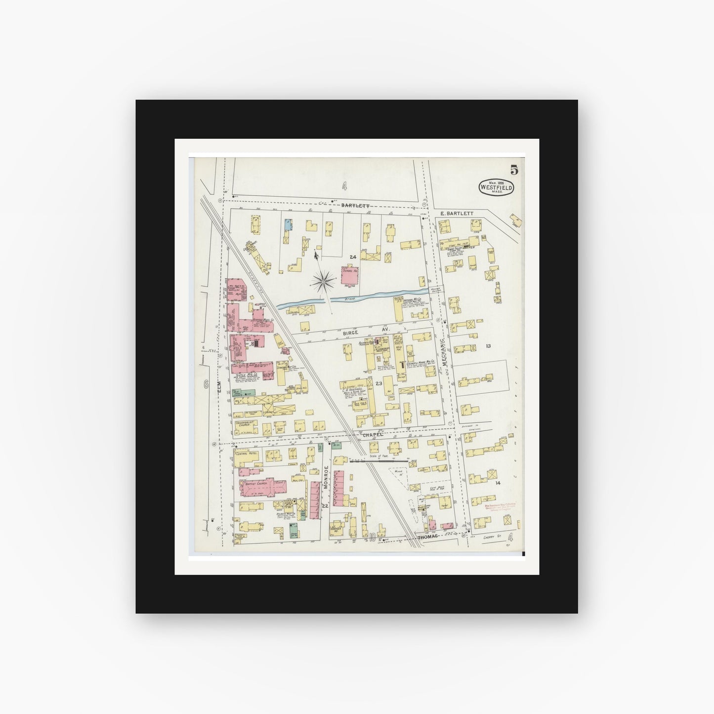 Old map wall art mockup — black gallery frame with white mat — Sanborn Fire Insurance Map from Westfield, Hampden County, Massachusetts (1895), Sheet #0005