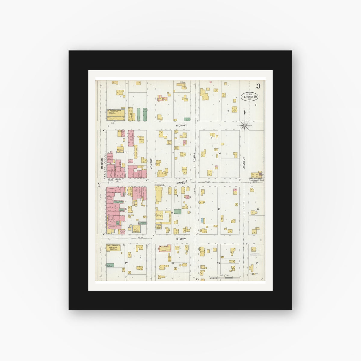Old map wall art mockup — black gallery frame with white mat — Sanborn Fire Insurance Map from Lancaster, Grant County, Wisconsin (1899), Sheet #0003