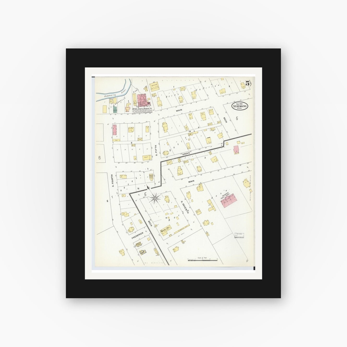 Old map wall art mockup — black gallery frame with white mat — Sanborn Fire Insurance Map from Sebewaing, Huron County, Michigan (1909), Sheet #0005