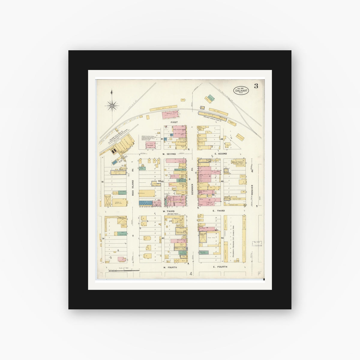 Old map wall art mockup — black gallery frame with white mat — Sanborn Fire Insurance Map from Dalhart, Dallam And Hartley County, Texas (1908), Sheet #0003