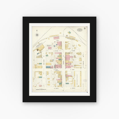 Old map wall art mockup — black gallery frame with white mat — Sanborn Fire Insurance Map from Dalhart, Dallam And Hartley County, Texas (1908), Sheet #0003