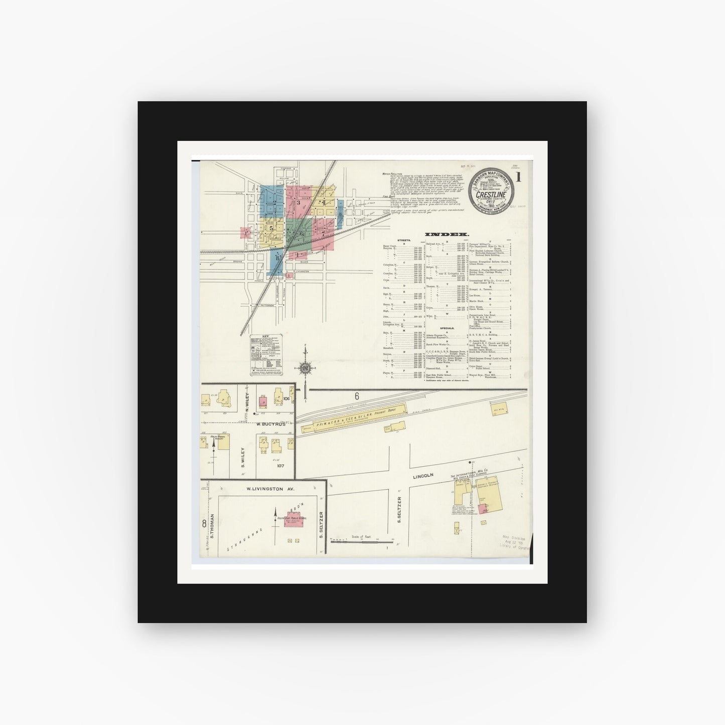 Old map wall art mockup — black gallery frame with white mat — Sanborn Fire Insurance Map from Crestline, Crawford County, Ohio (1910), Sheet #0001