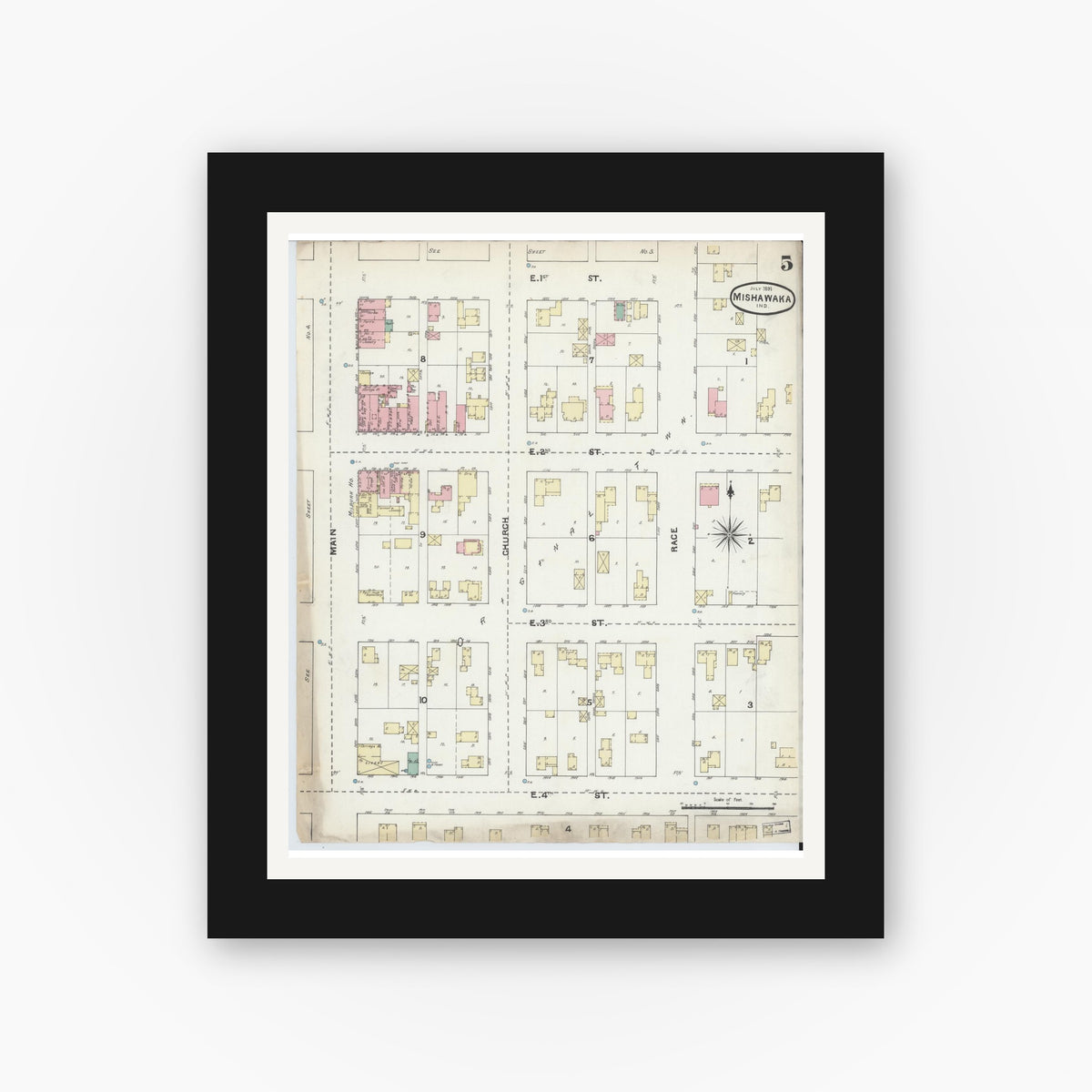 Old map wall art mockup — black gallery frame with white mat — Sanborn Fire Insurance Map from Mishawaka, Saint Joseph County, Indiana (1891), Sheet #0005