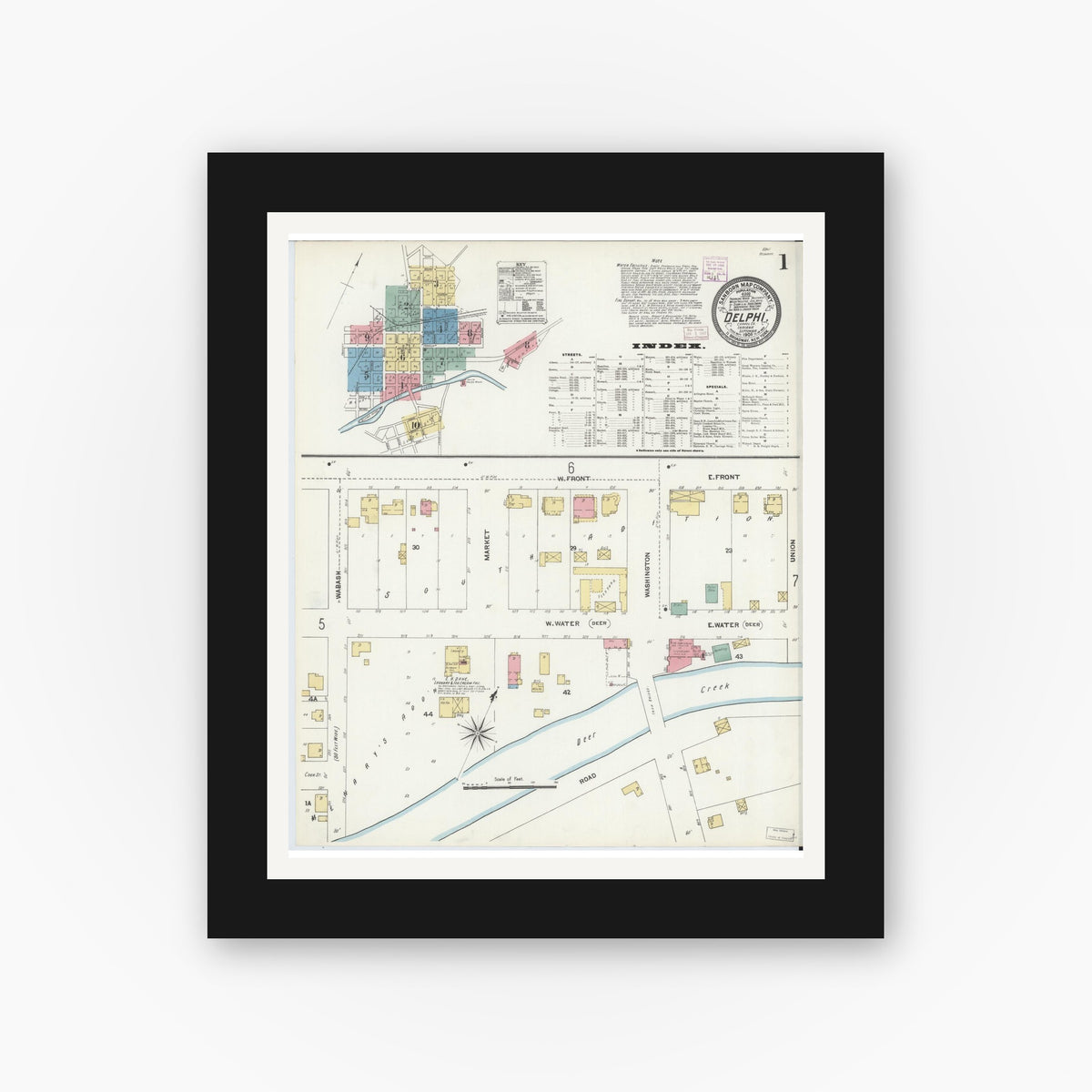 Old map wall art mockup — black gallery frame with white mat — Sanborn Fire Insurance Map from Delphi, Carroll County, Indiana (1906) - Complete Map Set