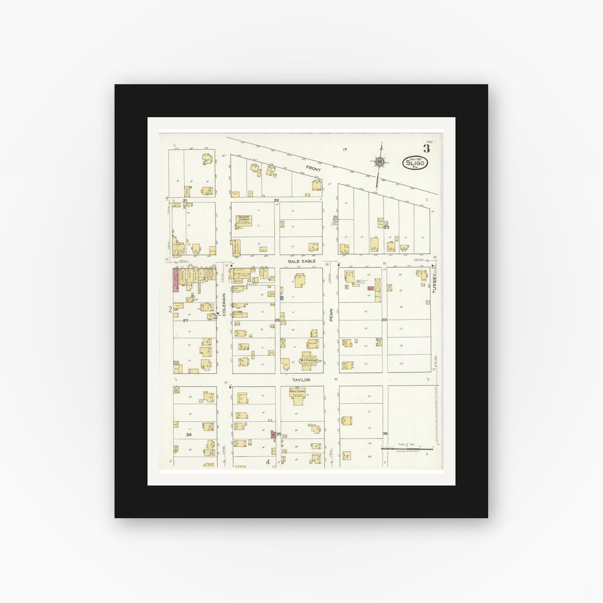 Old map wall art mockup — black gallery frame with white mat — Sanborn Fire Insurance Map from Sligo, Clarion County, Pennsylvania (1921), Sheet #0003