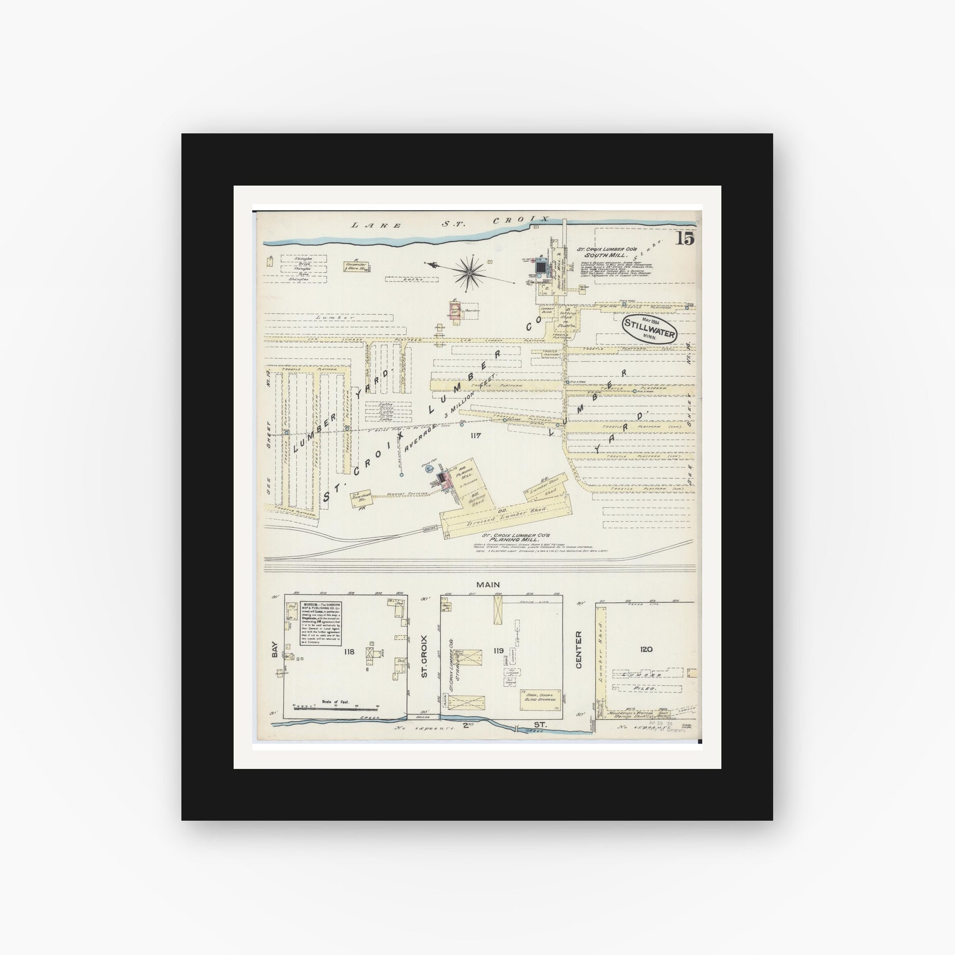 Old map wall art mockup — black gallery frame with white mat — Sanborn Fire Insurance Map from Stillwater, Washington County, Minnesota (1884), Sheet #0015