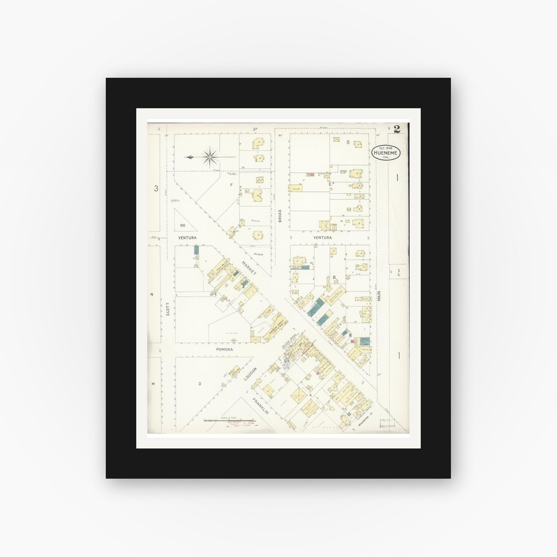 Old map wall art mockup — black gallery frame with white mat — Sanborn Fire Insurance Map from Hueneme, Ventura County, California (1898), Sheet #0002