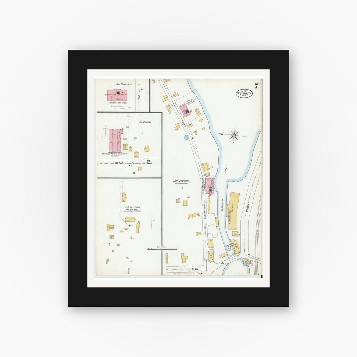 Old map wall art mockup — black gallery frame with white mat — Sanborn Fire Insurance Map from Weymouth, Norfolk County, Massachusetts (1899), Sheet #0007